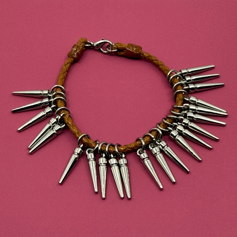 Rebecca Minkoff Brown Leather braided and Silver Spike Bracelet